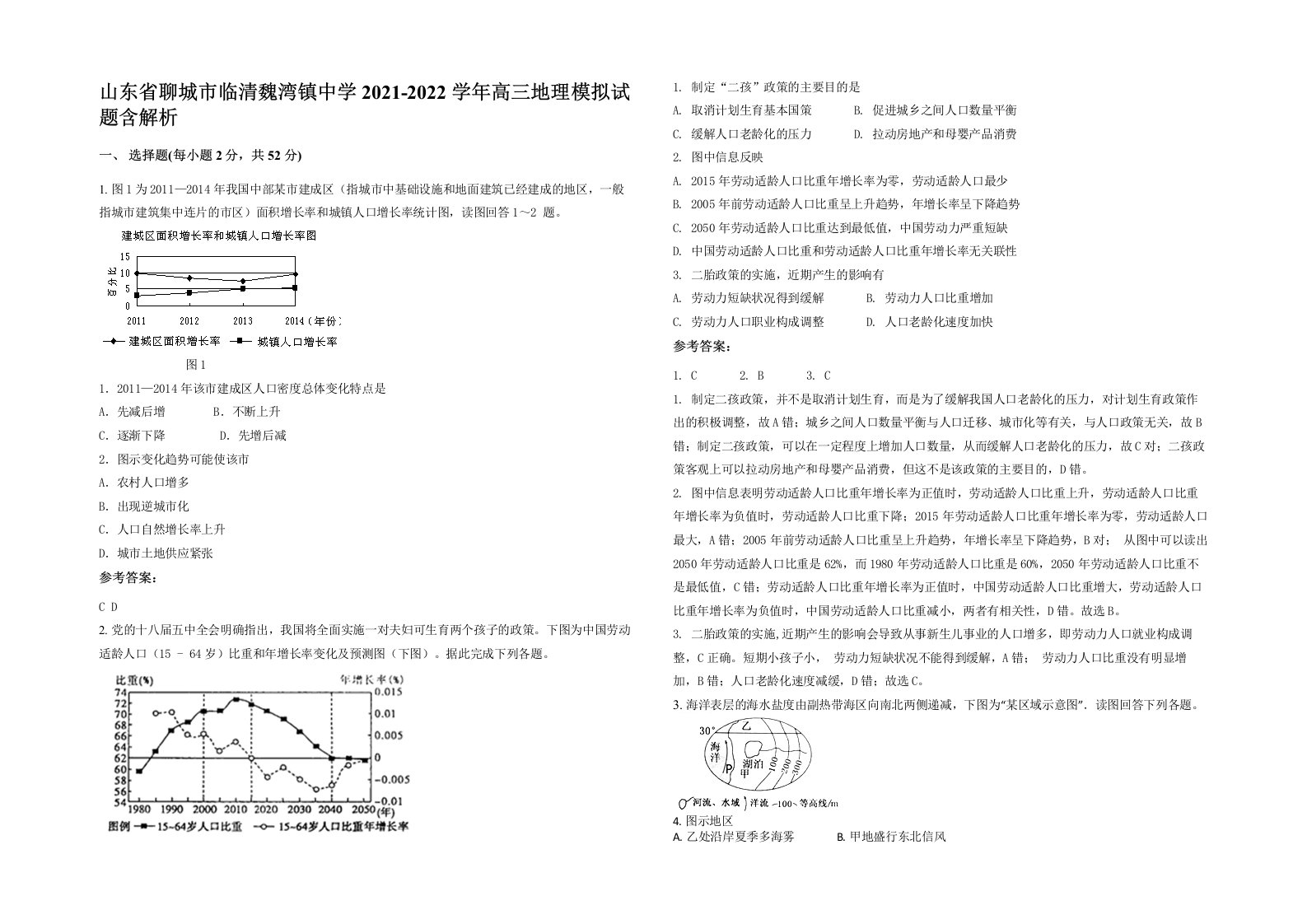 山东省聊城市临清魏湾镇中学2021-2022学年高三地理模拟试题含解析