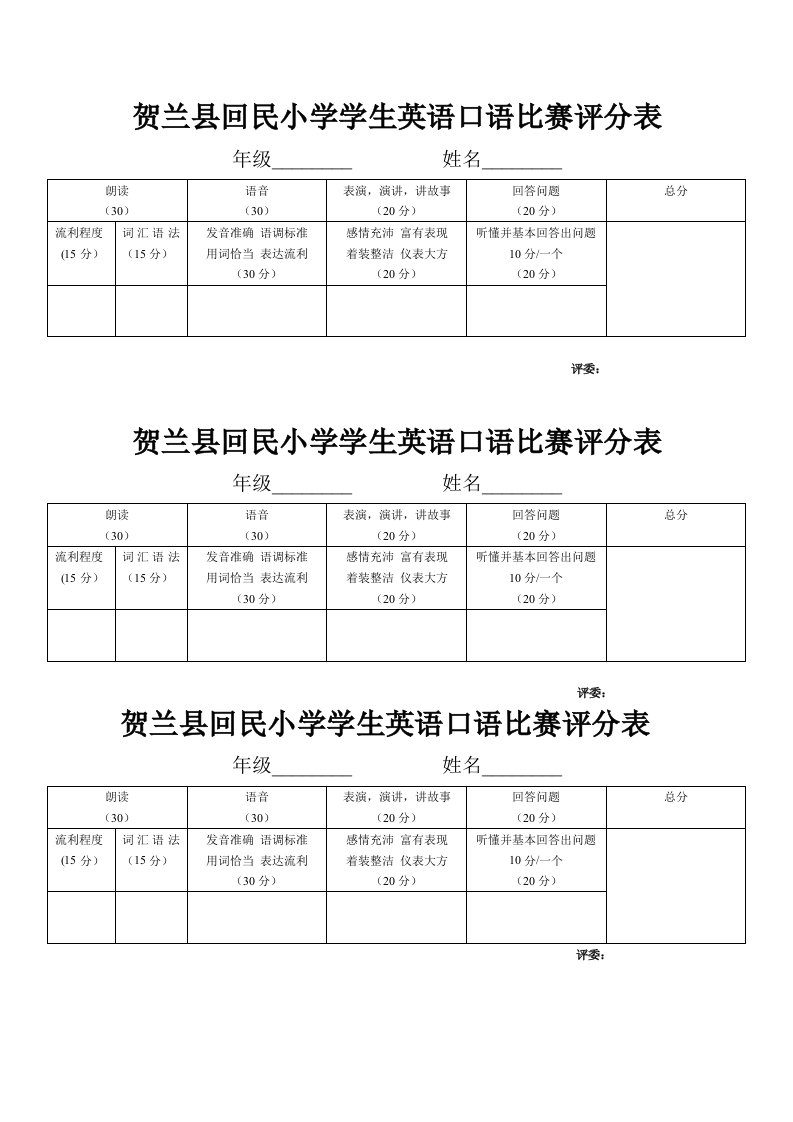 英语口语比赛评分表1