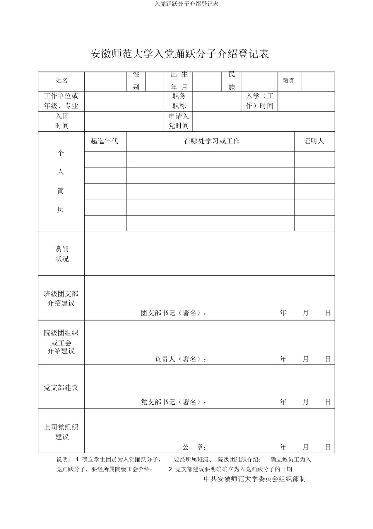 入党积极分子推荐登记表