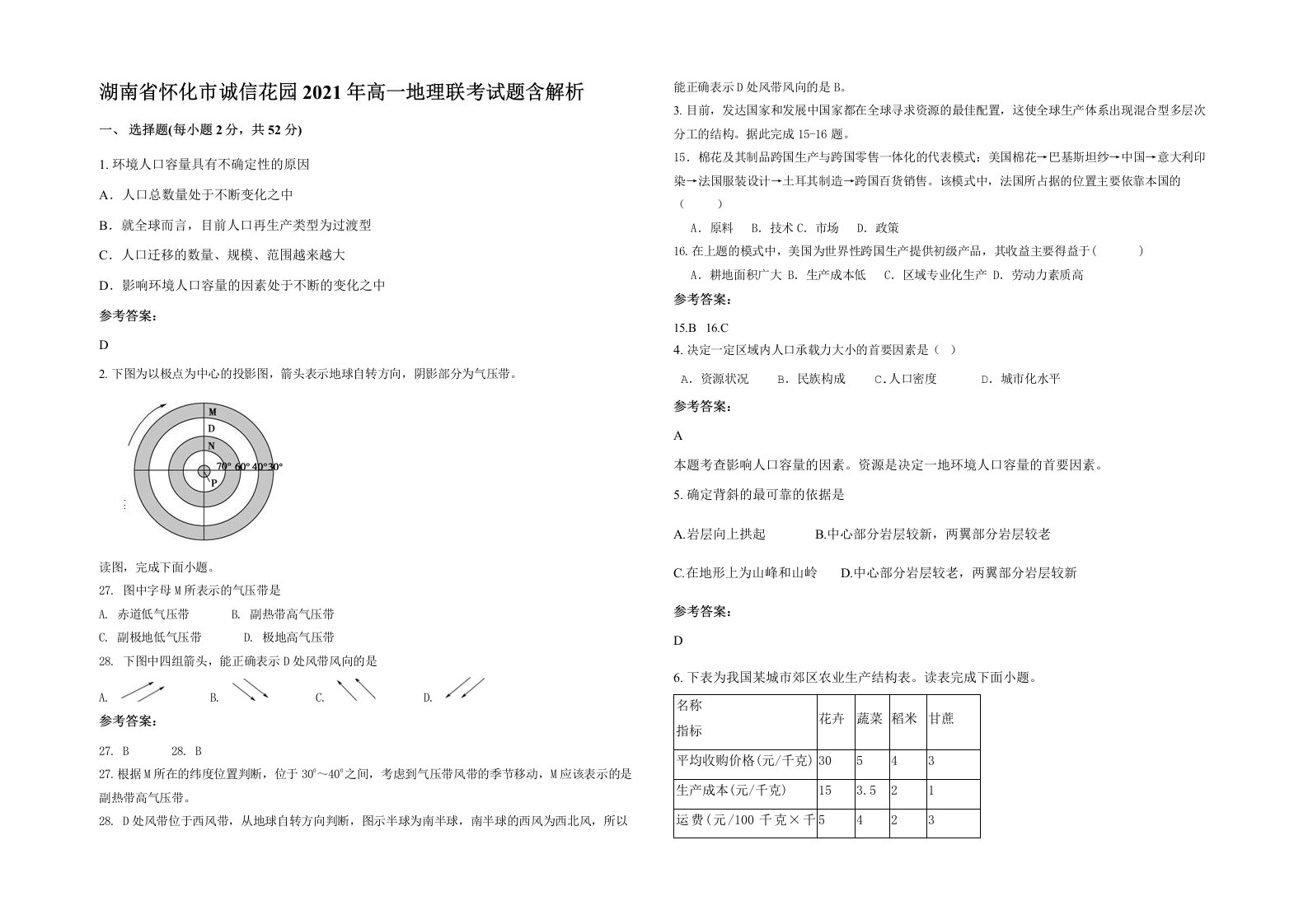 湖南省怀化市诚信花园2021年高一地理联考试题含解析