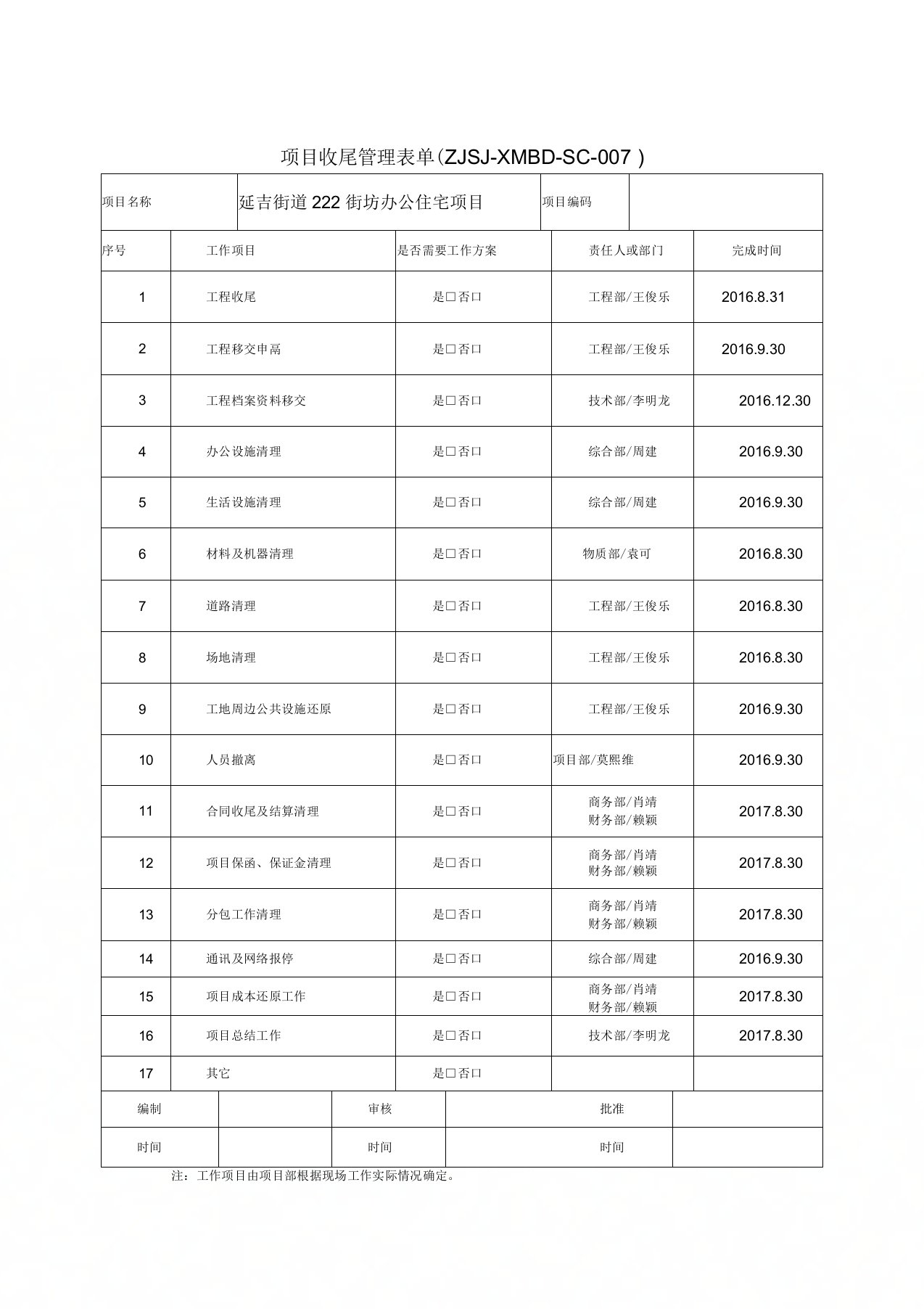 项目收尾工作计划表