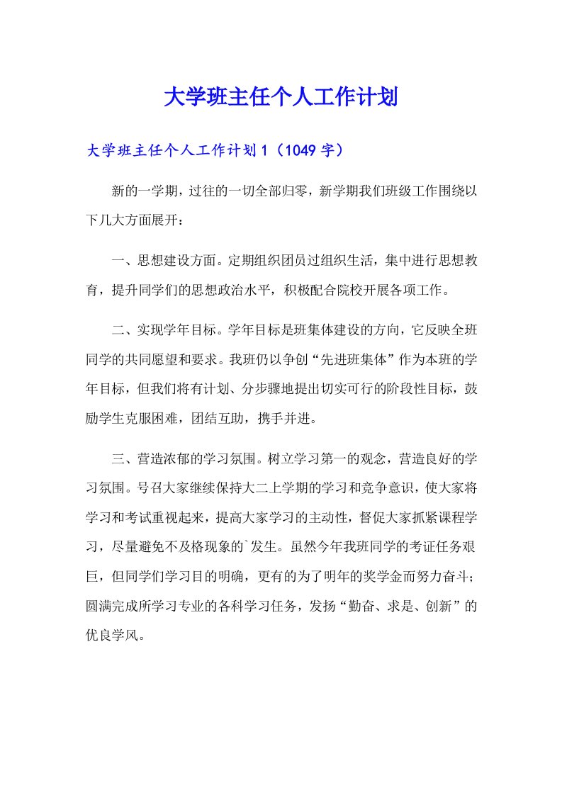 大学班主任个人工作计划