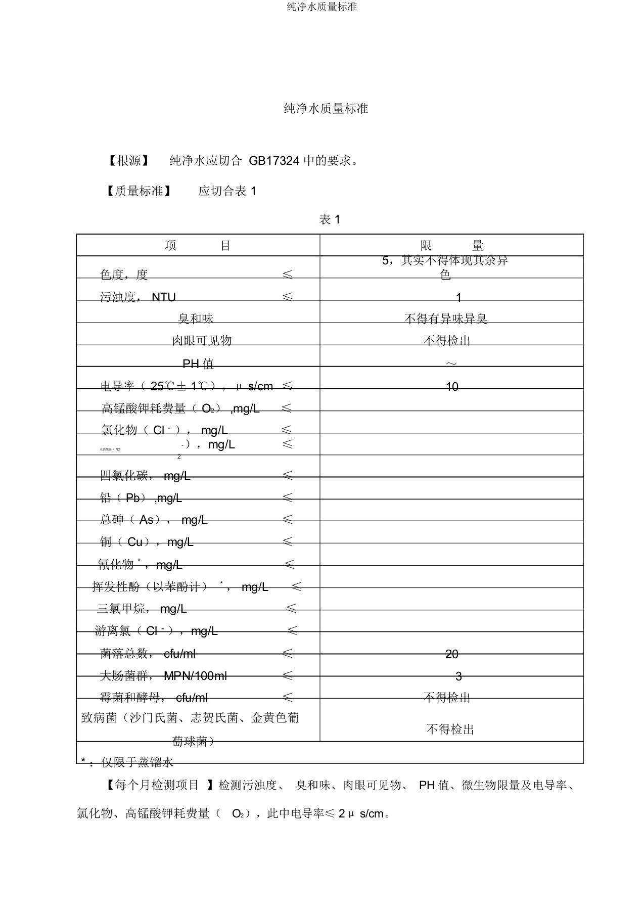 纯净水质量标准