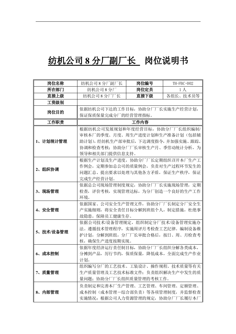 纺机公司8分厂副厂长岗位说明书