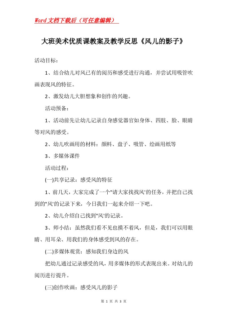 大班美术优质课教案及教学反思风儿的影子