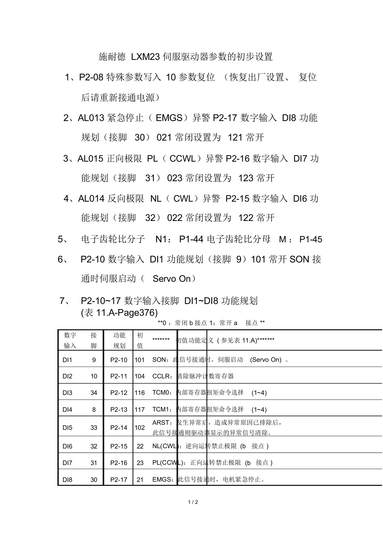 施耐德LXM伺服驱动器参数初步设置