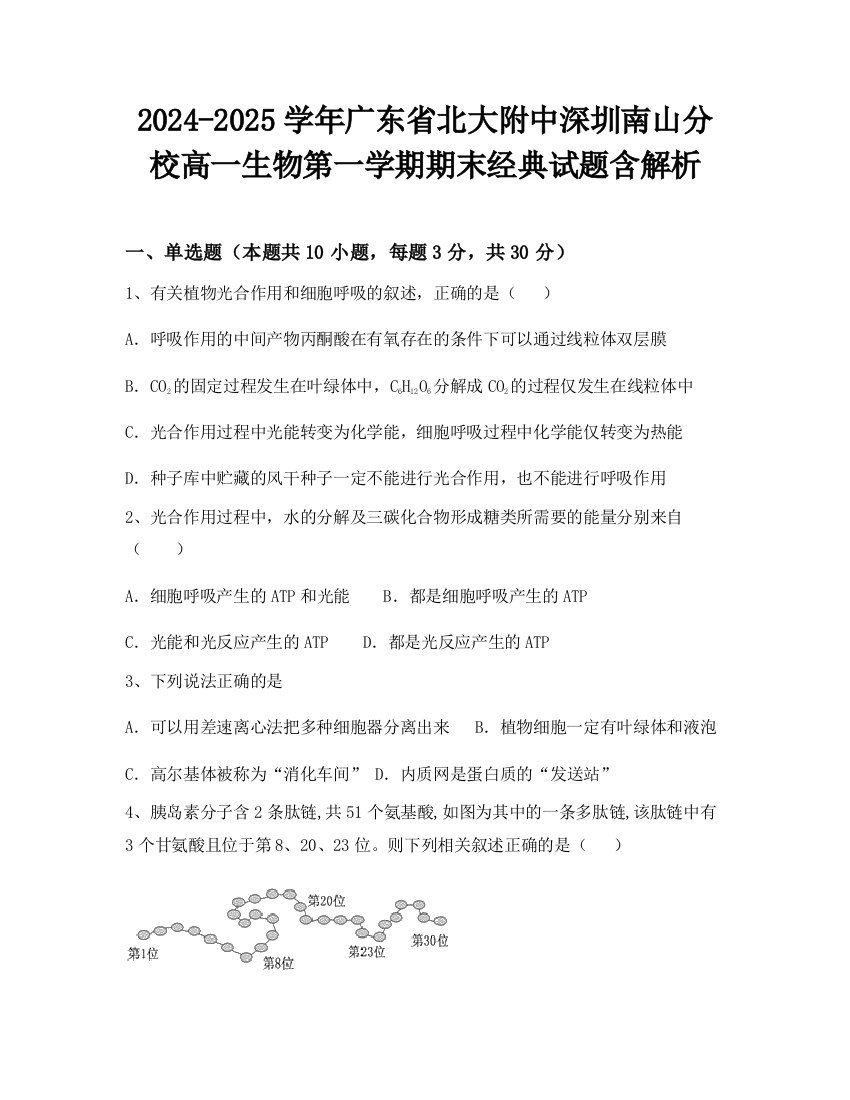 2024-2025学年广东省北大附中深圳南山分校高一生物第一学期期末经典试题含解析