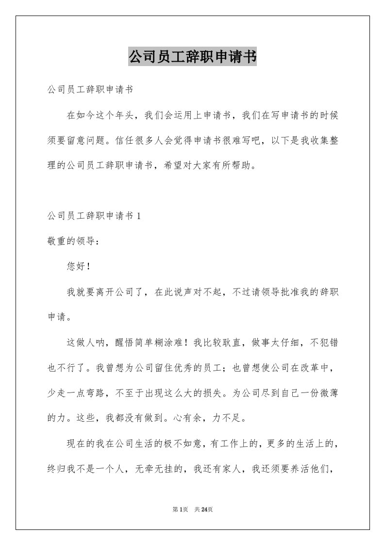 公司员工辞职申请书精选