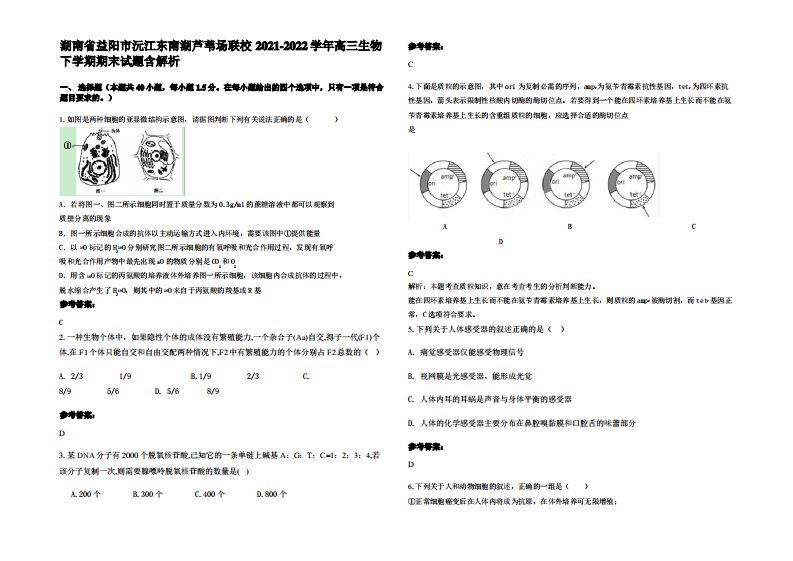 湖南省益阳市沅江东南湖芦苇场联校2021-2022学年高三生物下学期期末试题含解析