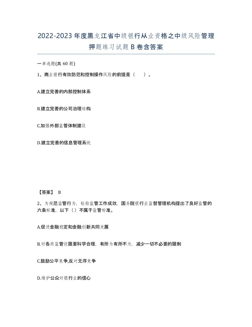 2022-2023年度黑龙江省中级银行从业资格之中级风险管理押题练习试题B卷含答案