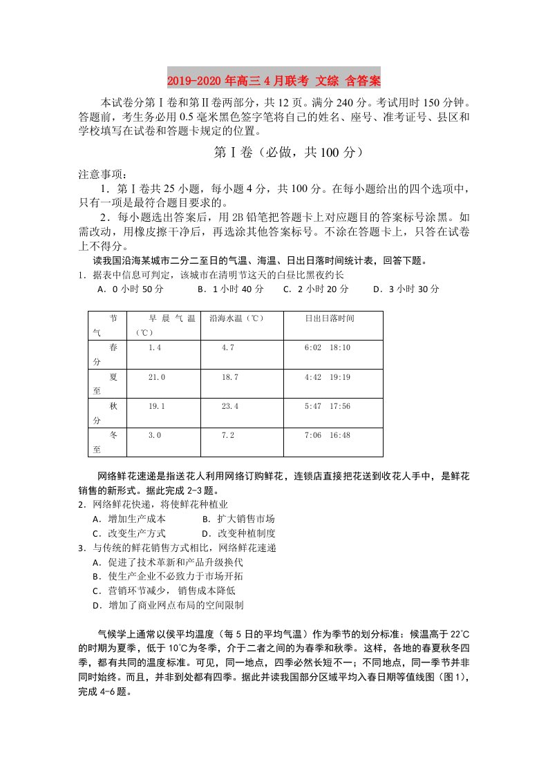 2019-2020年高三4月联考