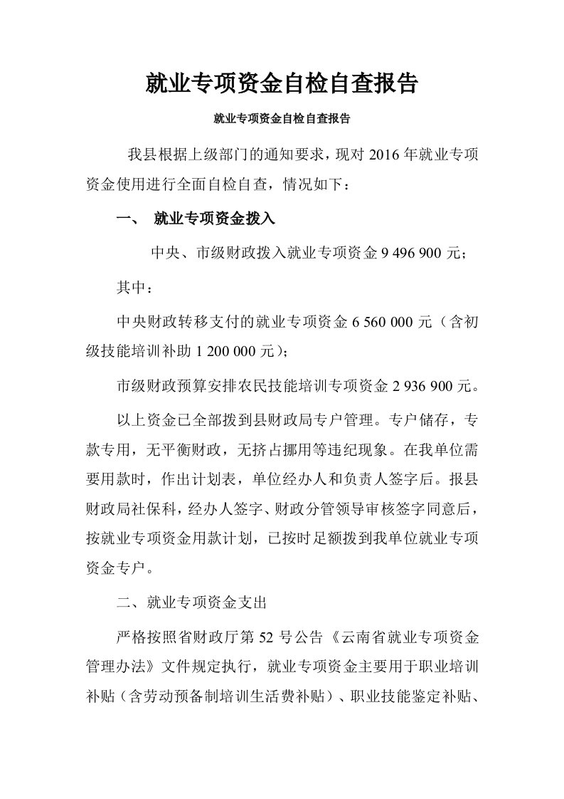 就业专项资金自检自查报告.doc