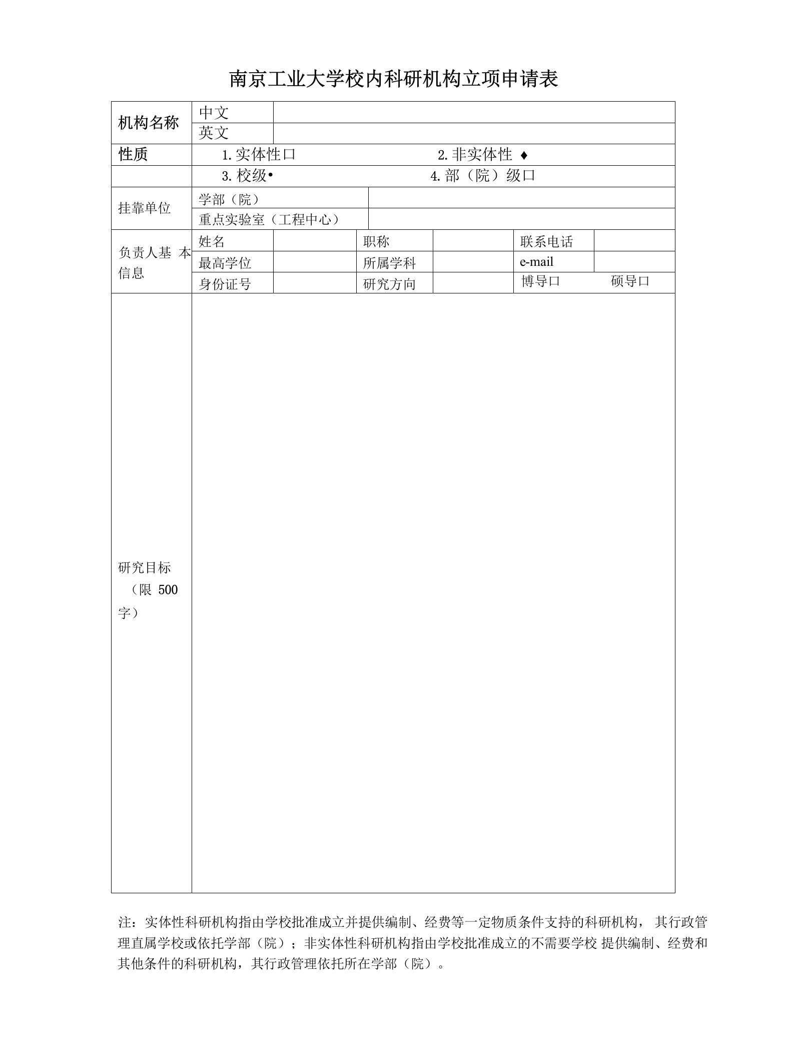 南京工业大学校内科研机构立项申请表