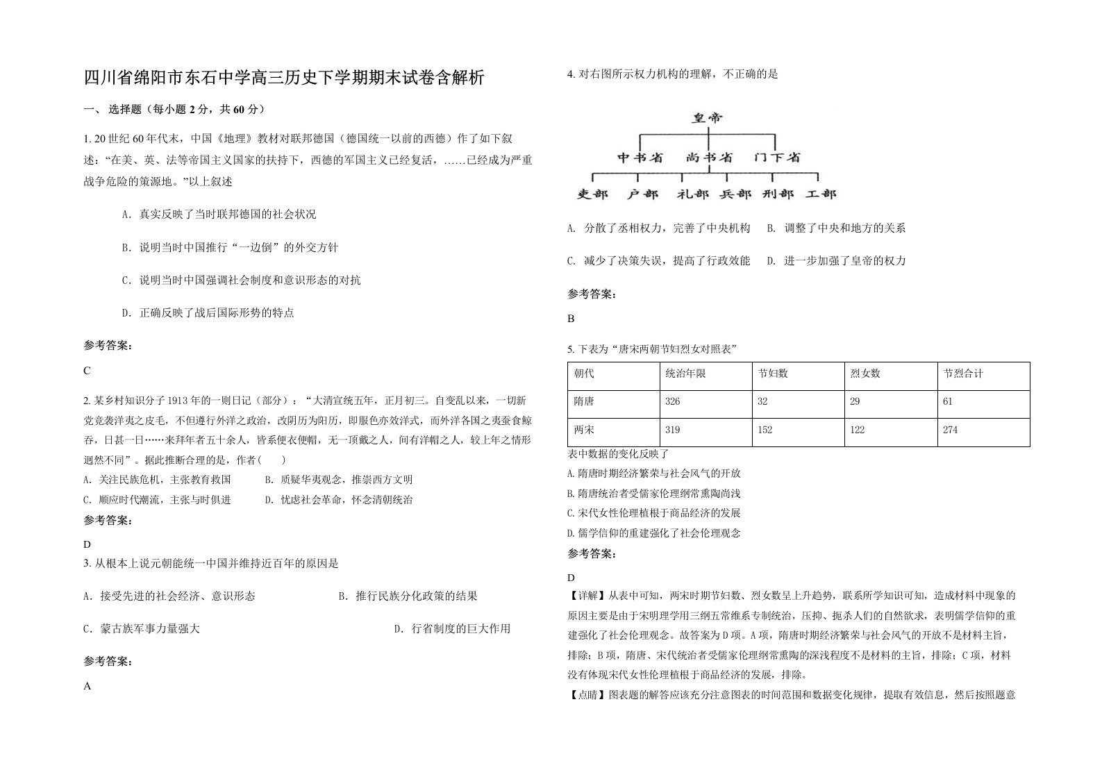 四川省绵阳市东石中学高三历史下学期期末试卷含解析