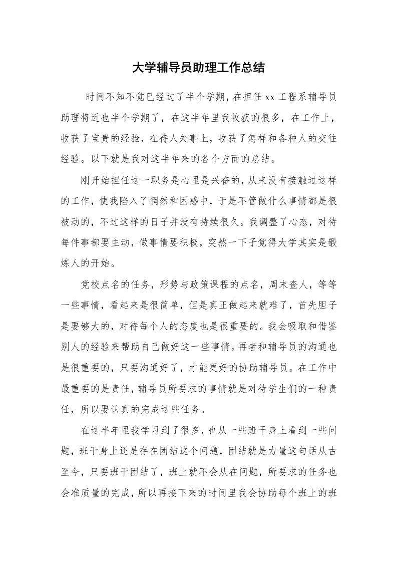 工作总结范文_个人总结_大学辅导员助理工作总结