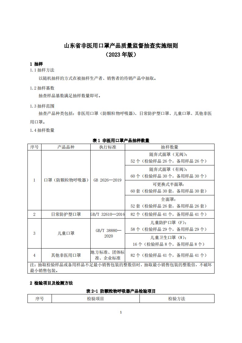 山东省非医用口罩产品质量监督抽查实施细则（2023年）