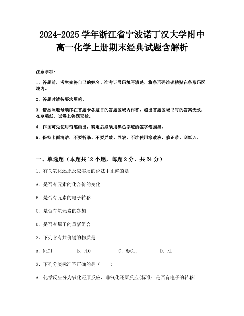 2024-2025学年浙江省宁波诺丁汉大学附中高一化学上册期末经典试题含解析