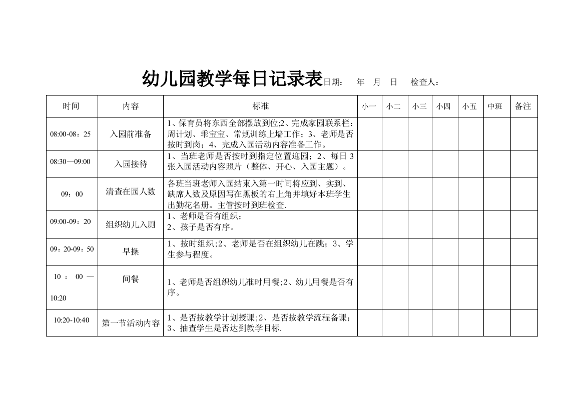 幼儿园教学每日记录表