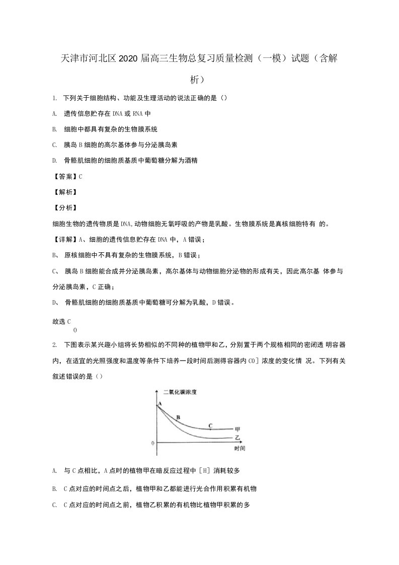 天津市河北区2020届高三生物总复习质量检测（一模）试题（含解析）