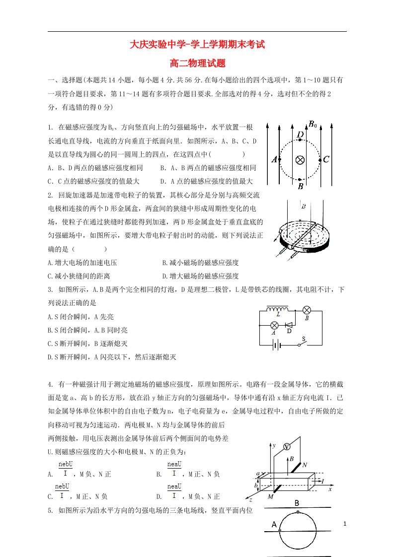 黑龙江省大庆实验中学高二物理上学期期末考试试题