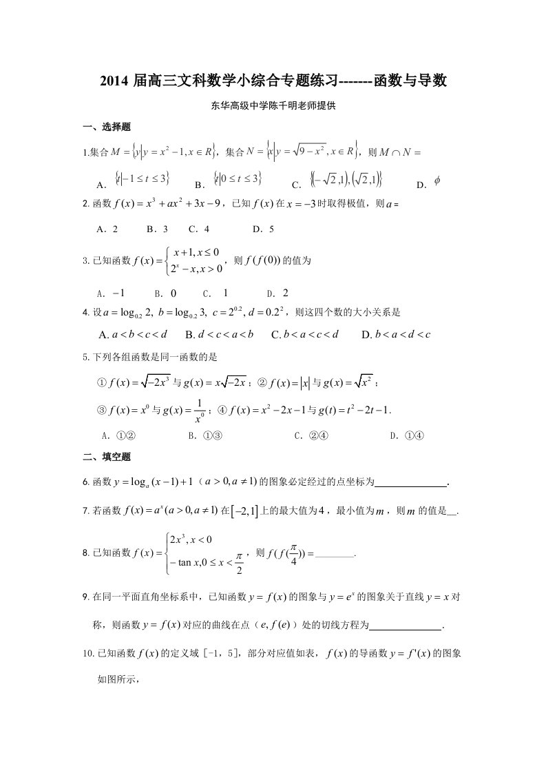 东莞市高三文科数学小综合专题函数与导数