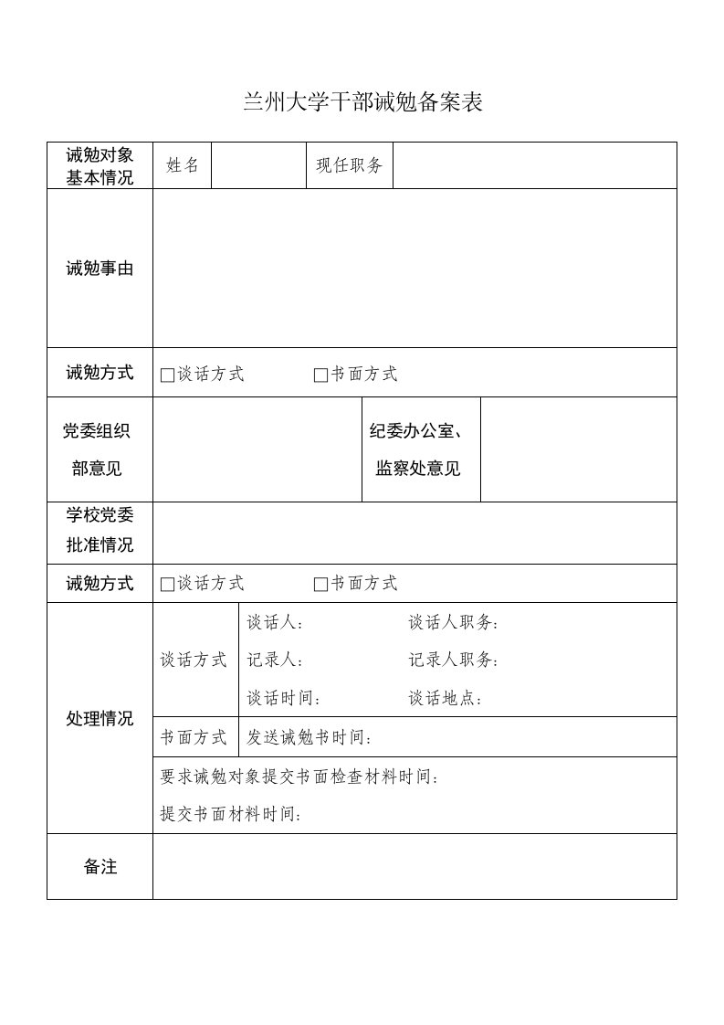 兰州大学干部诫勉备案表