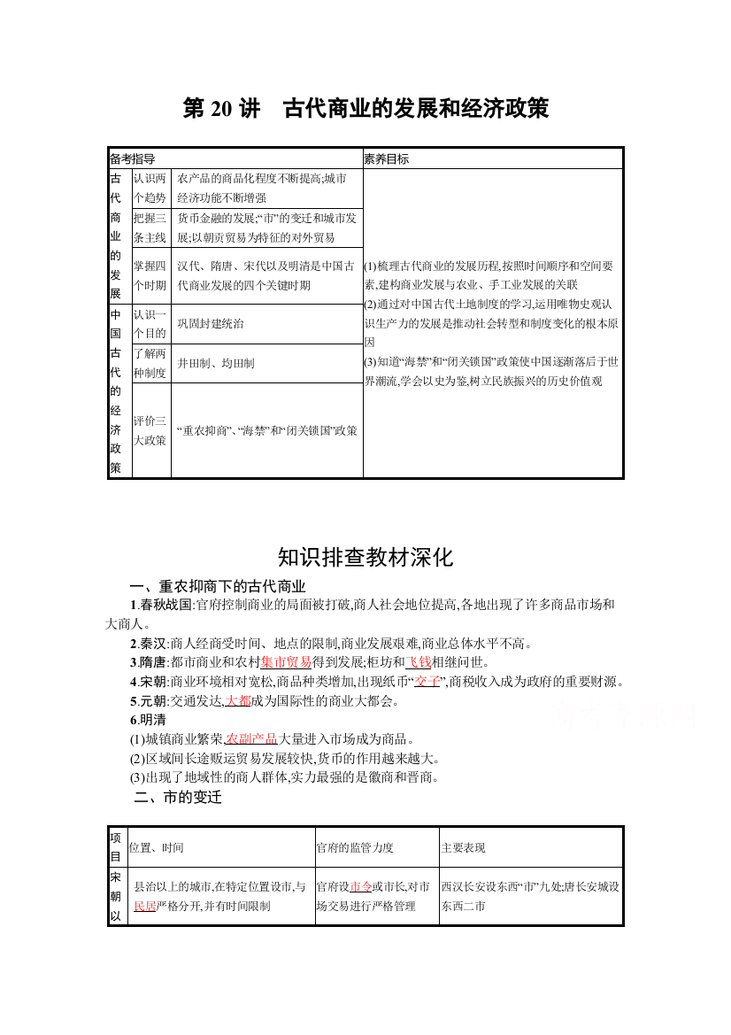 2022高考历史人教版一轮学案：第20讲　古代商业的发展和经济政策