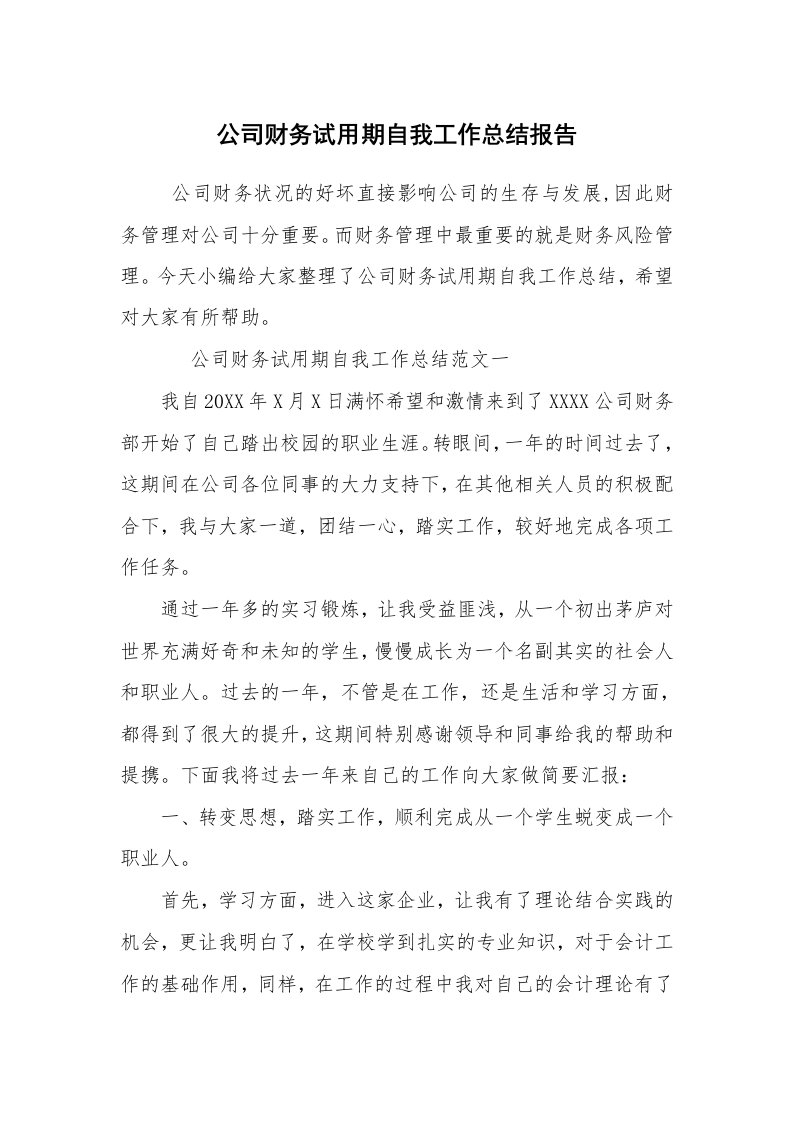 求职离职_试用期工作总结_公司财务试用期自我工作总结报告