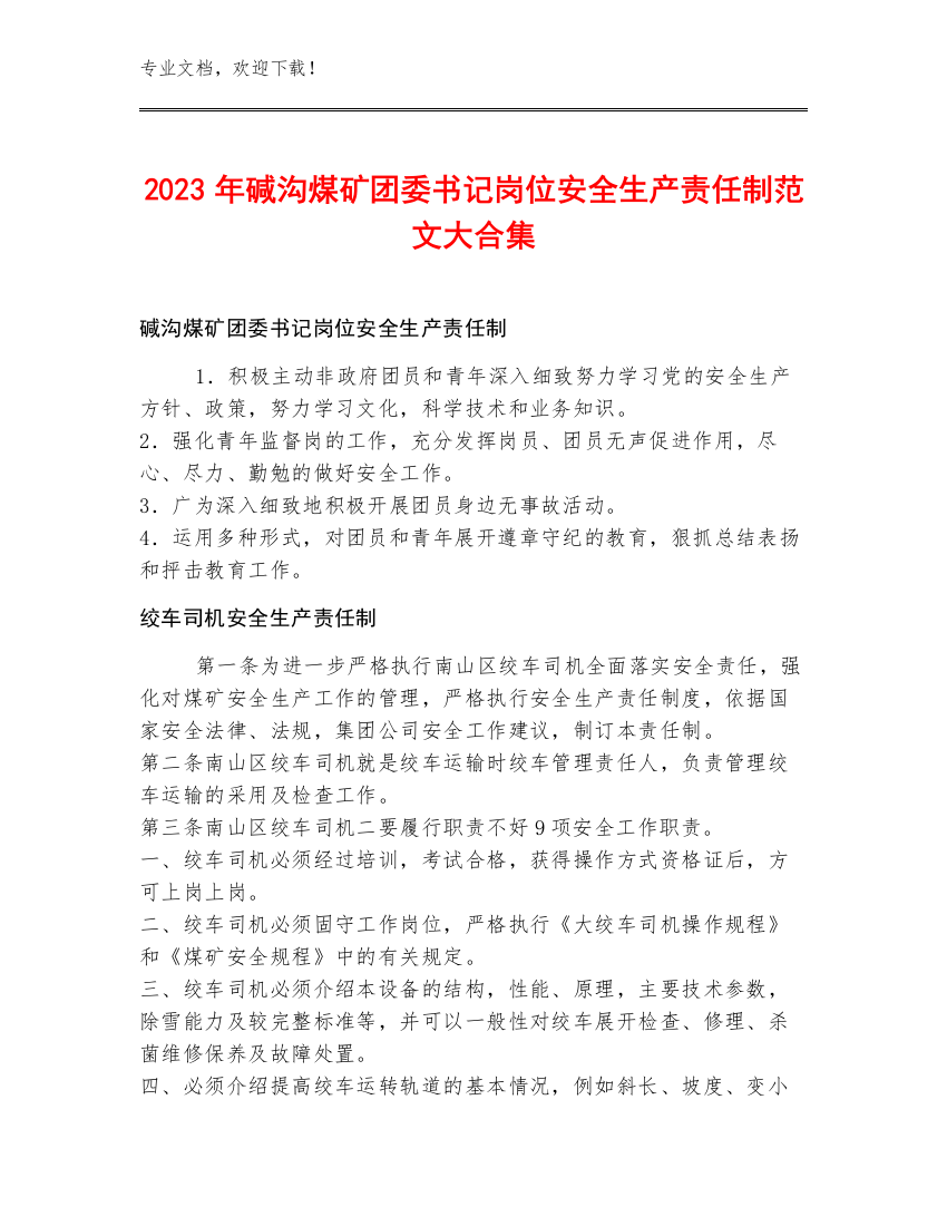 2023年碱沟煤矿团委书记岗位安全生产责任制范文大合集