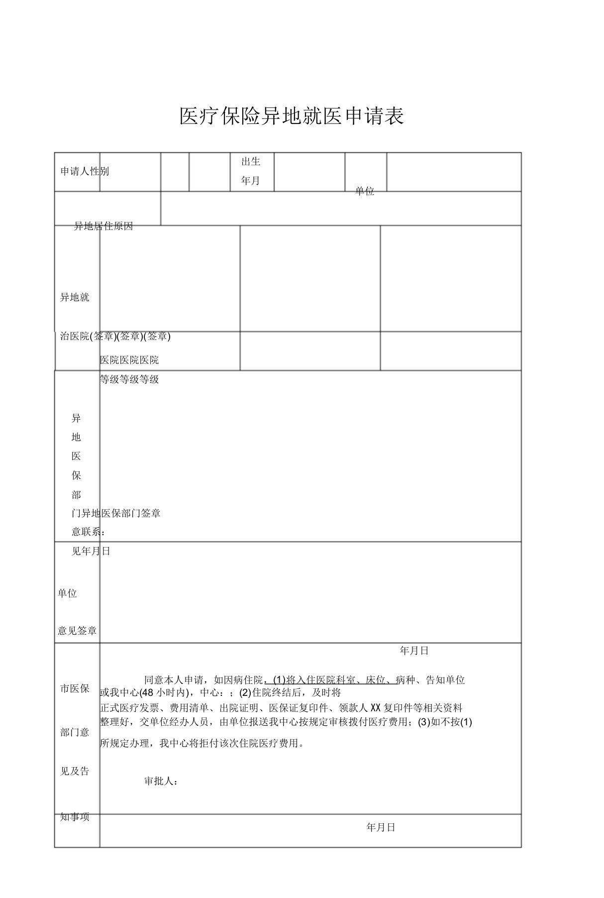 医疗保险异地就医申请表