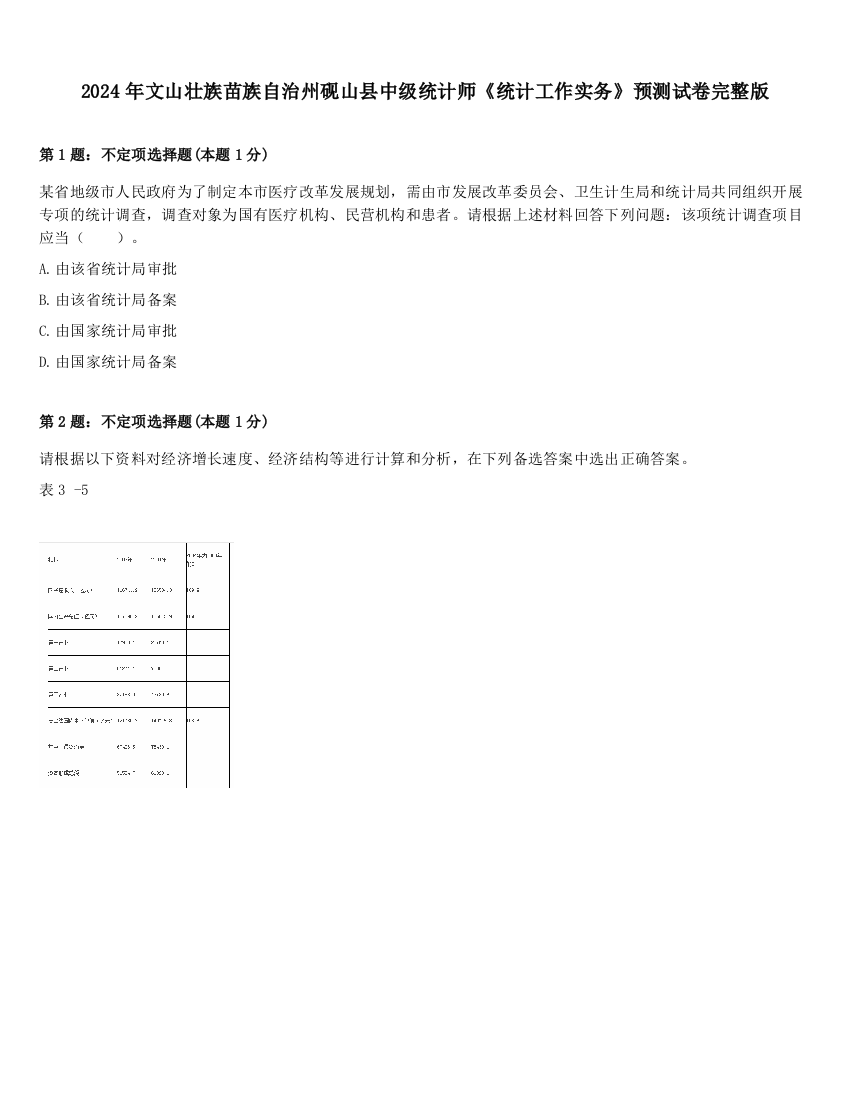 2024年文山壮族苗族自治州砚山县中级统计师《统计工作实务》预测试卷完整版