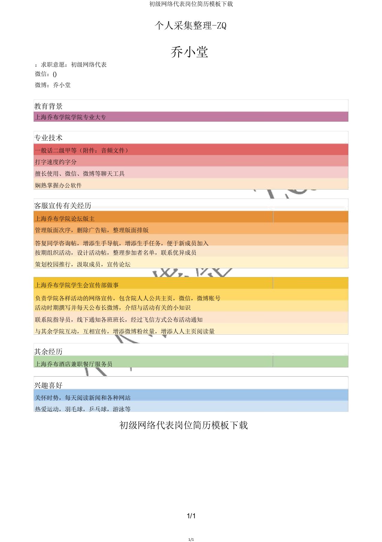 初级网络代表岗位简历模板下载