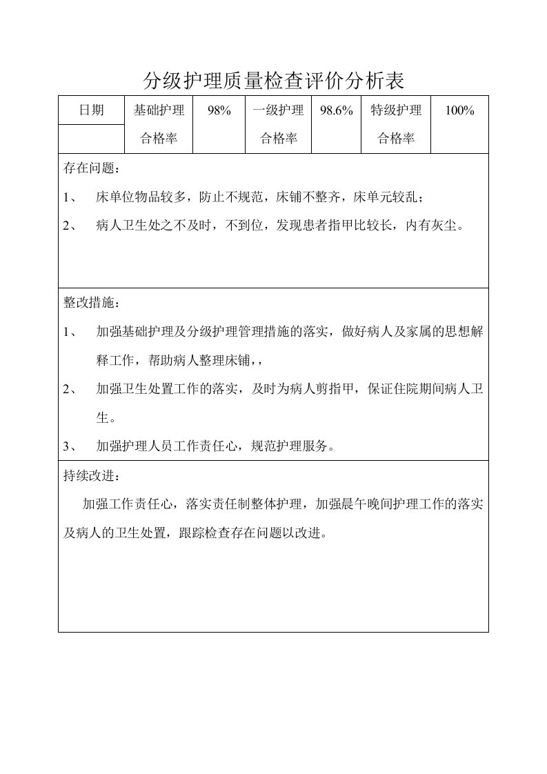 分级护理质量检查评价分析表