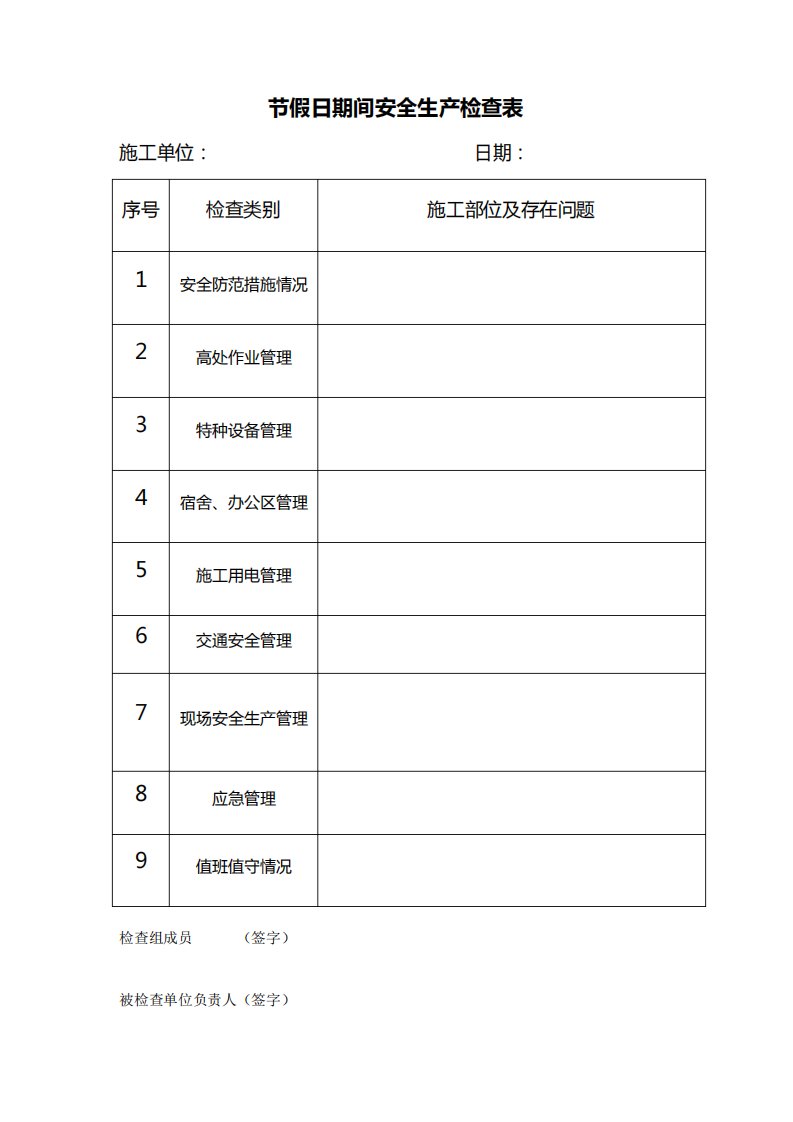 工程施工五一、国庆、春节等节假日期间安全检查表【经典word可下载参考使用】