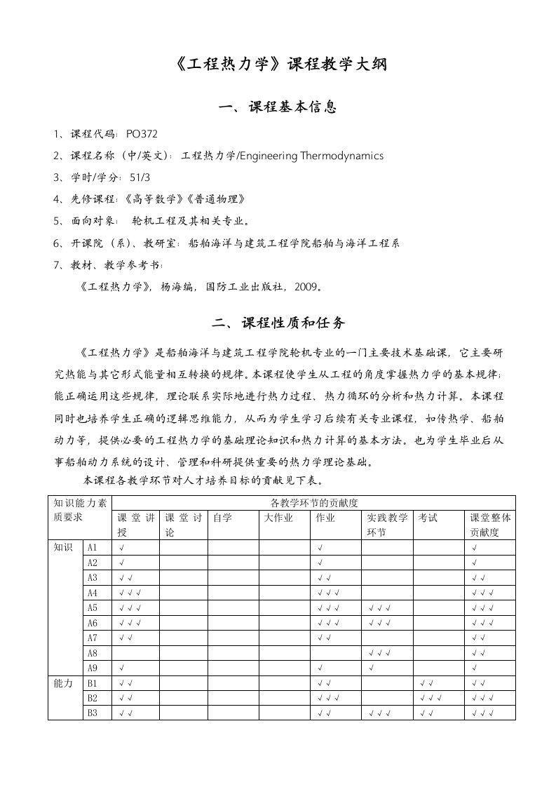 工程热力学课程教学大纲