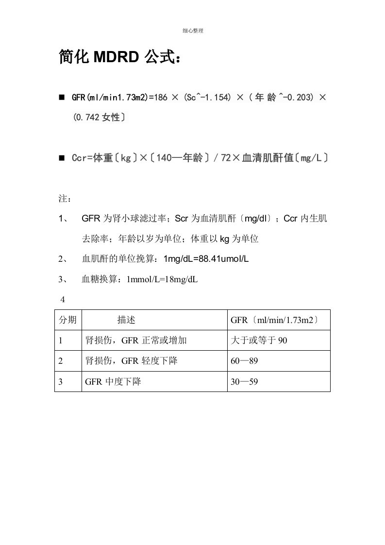 肾小球滤过率简化MDRD公式