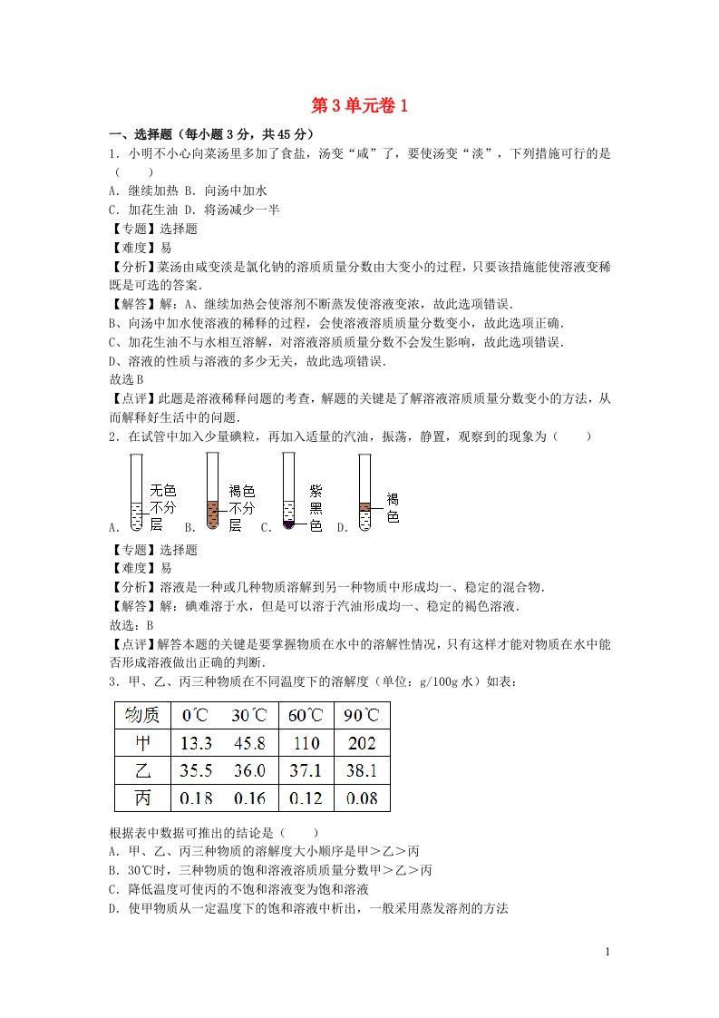 2022九年级化学上册第三单元溶液单元综合试卷1鲁教版