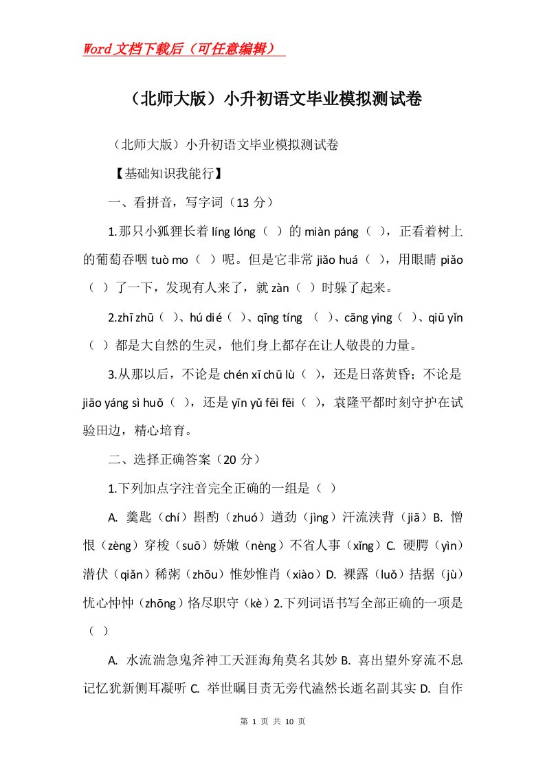 北师大版小升初语文毕业模拟测试卷