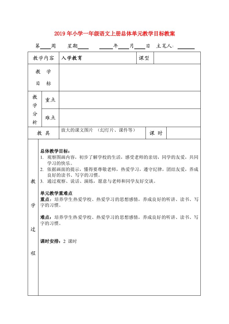 2019年小学一年级语文上册总体单元教学目标教案