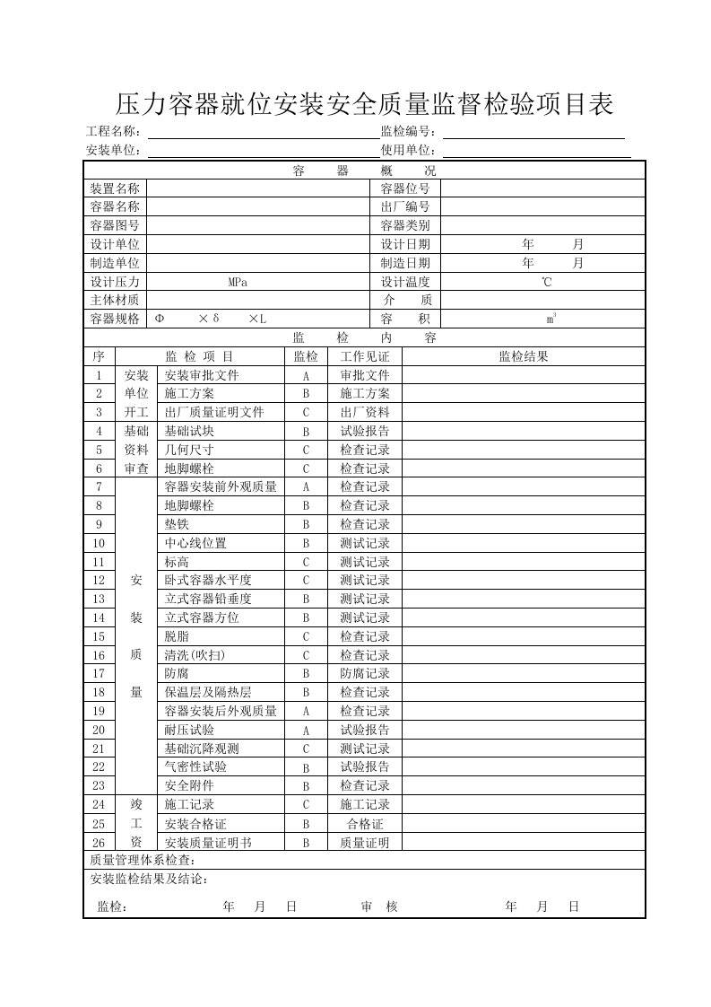 026压力容器就位安装安全质量监督检验项目表