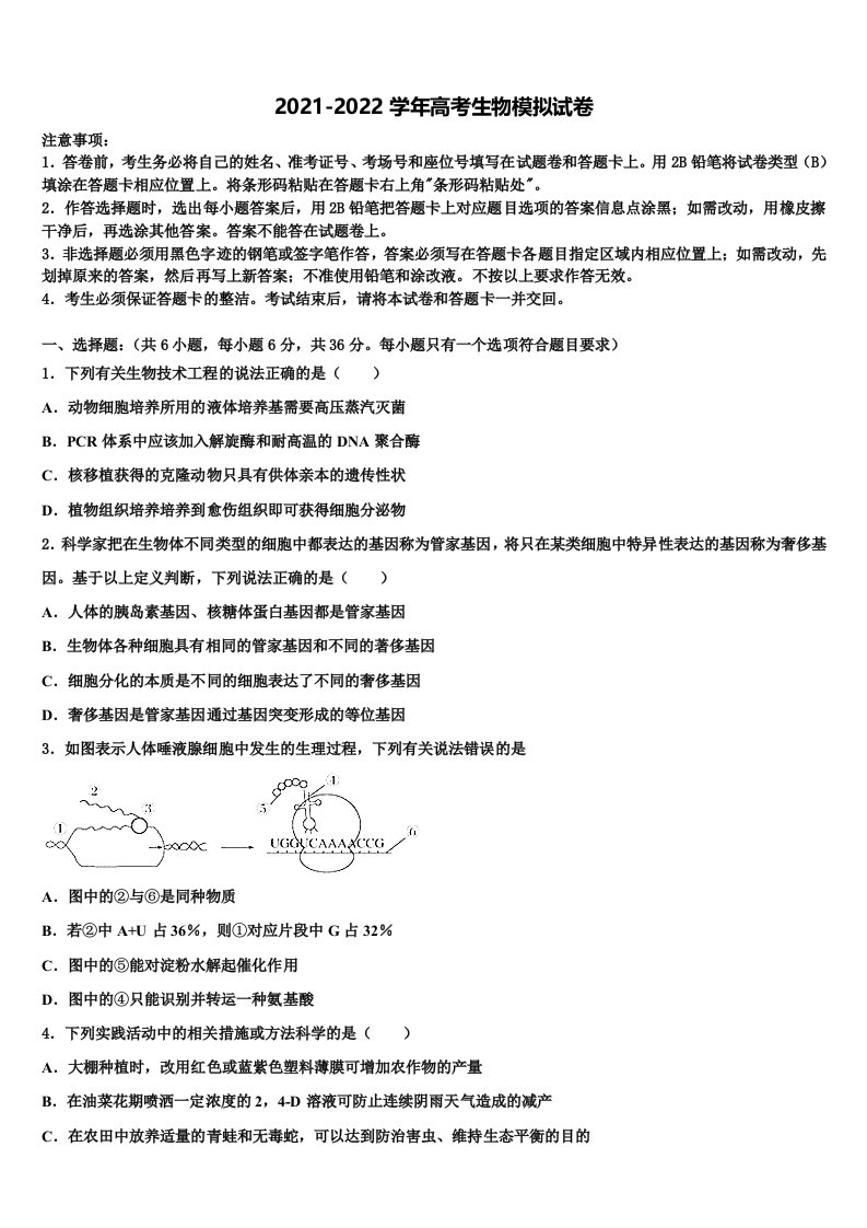 江苏省东台市2021-2022学年高三六校第一次联考生物试卷含解析