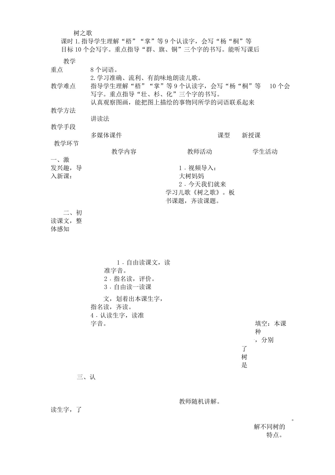 部编人教版小学语文二年级教学上册《识字2树歌》教案2