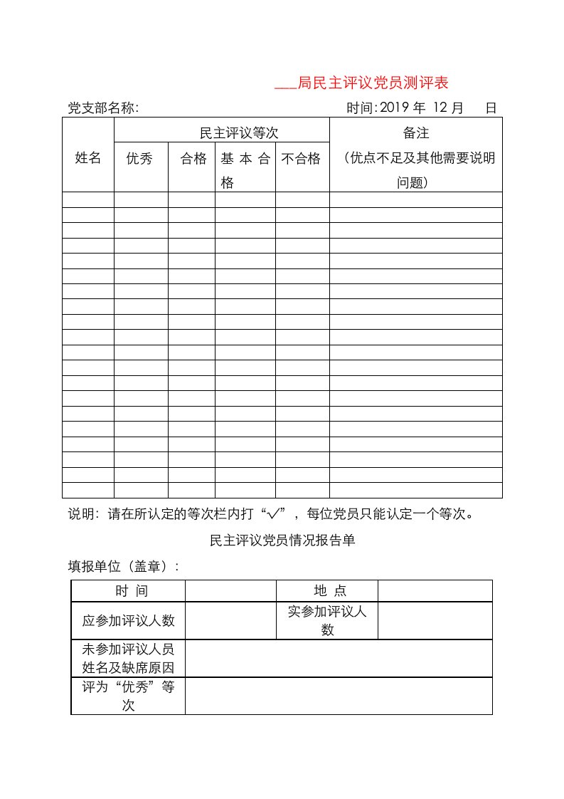 民主评议党员测评表情况报告单