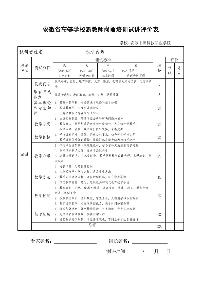 安徽高等学校新教师岗前培训试讲评价表