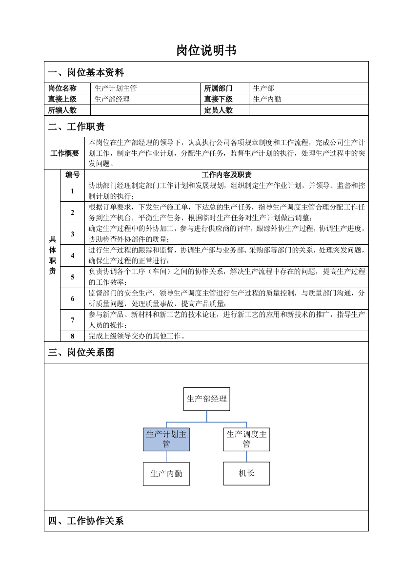 生产计划主管岗位说明书