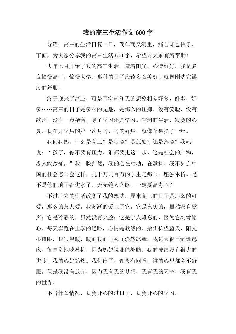 我的高三生活作文600字