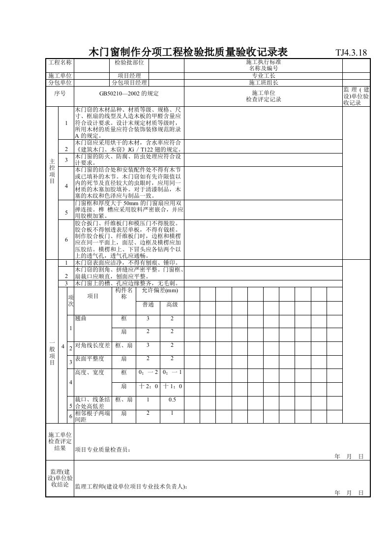 精选157木门窗制作分项工程检验批质量验收记录表TJ4-3-18