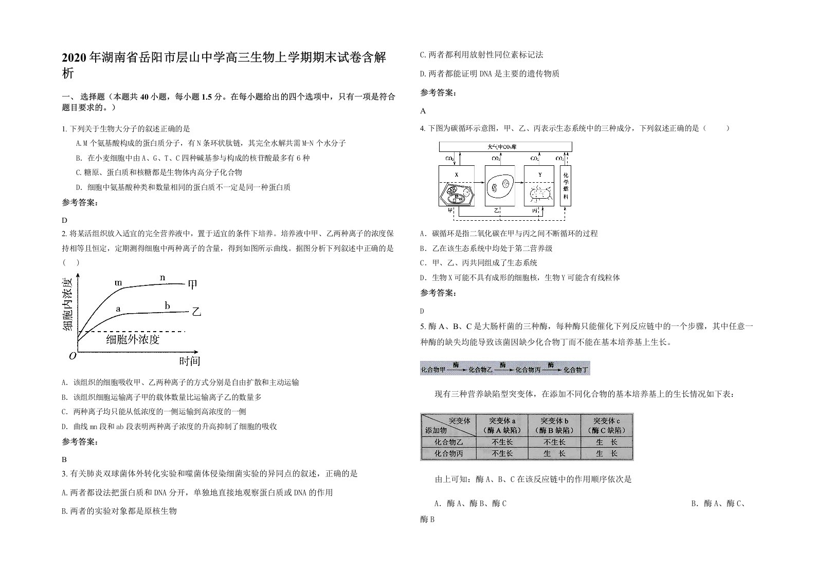 2020年湖南省岳阳市层山中学高三生物上学期期末试卷含解析