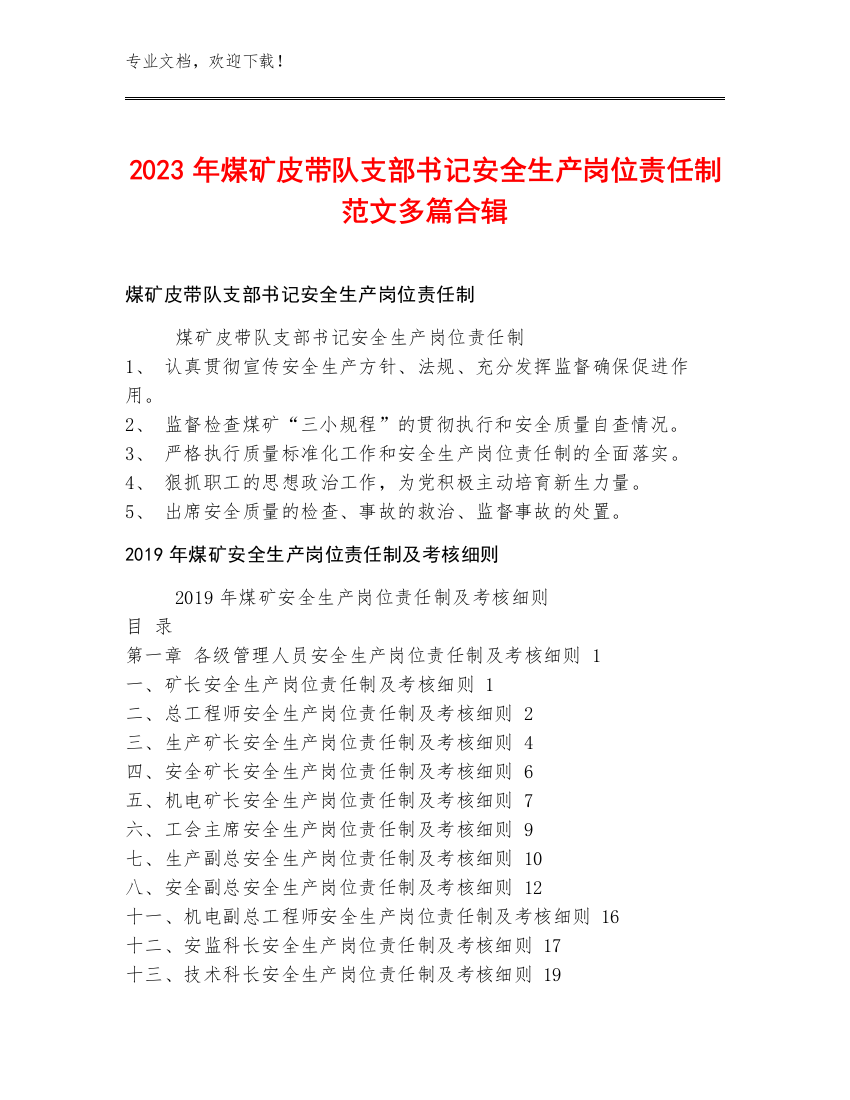 2023年煤矿皮带队支部书记安全生产岗位责任制范文多篇合辑