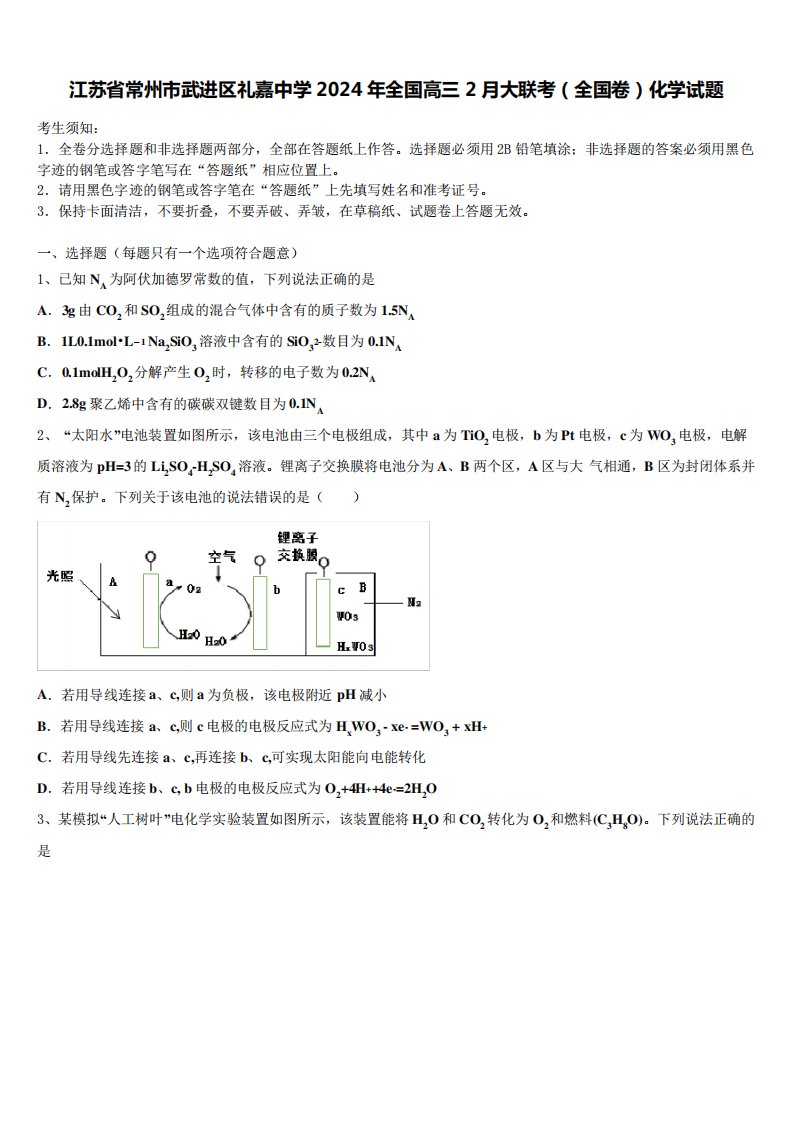 江苏省常州市武进区礼嘉中学2024年全国高三2月大联考(全国卷)化学试题